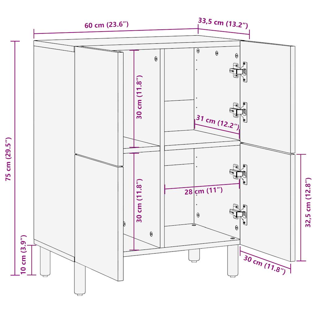 Buffet 60x33,5x75 cm bois de manguier brut massif Fixations & meubles de rangement multimédia vidaXL   