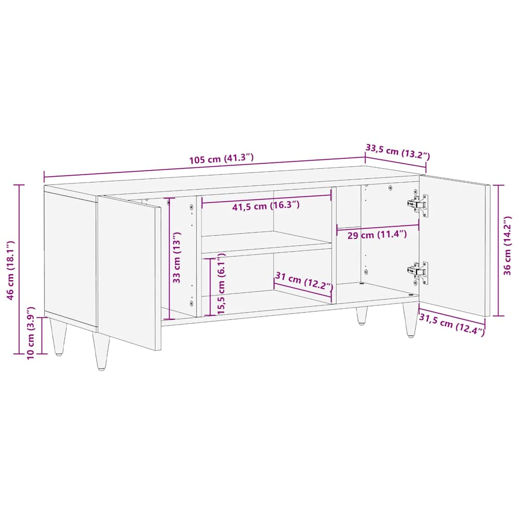 Meuble TV 105x33,5x46 cm bois massif de manguier Fixations & meubles de rangement multimédia vidaXL