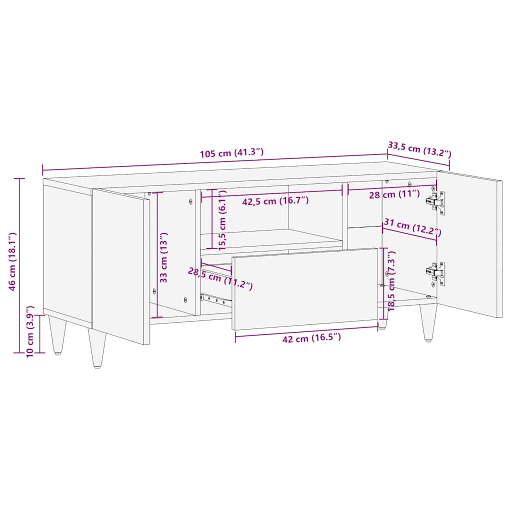 Meuble TV 105x33,5x46 cm bois massif de manguier Fixations & meubles de rangement multimédia vidaXL