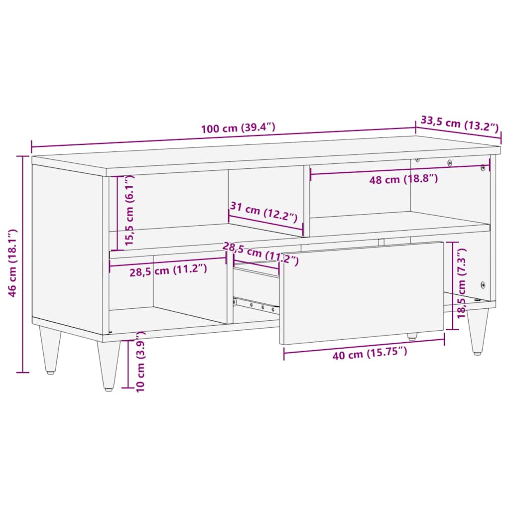 Meuble TV 100x33,5x46 cm bois massif de manguier Fixations & meubles de rangement multimédia vidaXL