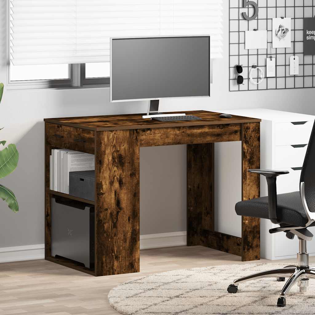 Bureau avec tiroir et étagère chêne fumé bois d'ingénierie Tables à manger vidaXL   