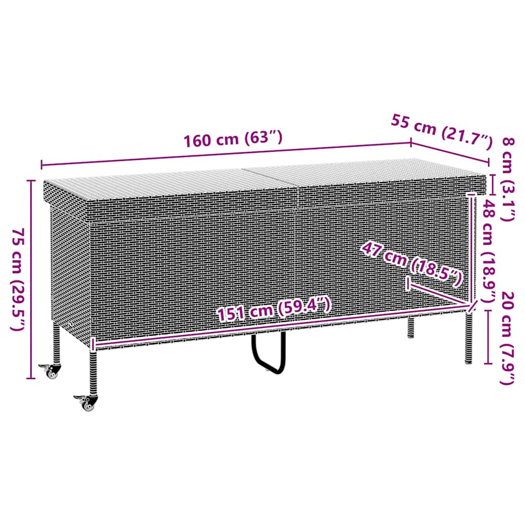 Boîte rangement jardin roues marron 160x55x75 cm résine tressée Coffres de jardin vidaXL