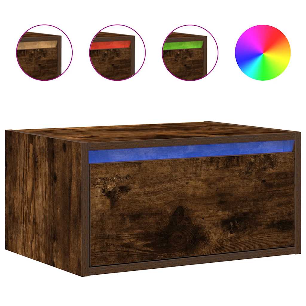 Table de chevet murale avec lumières LED chêne fumé Meubles TV vidaXL