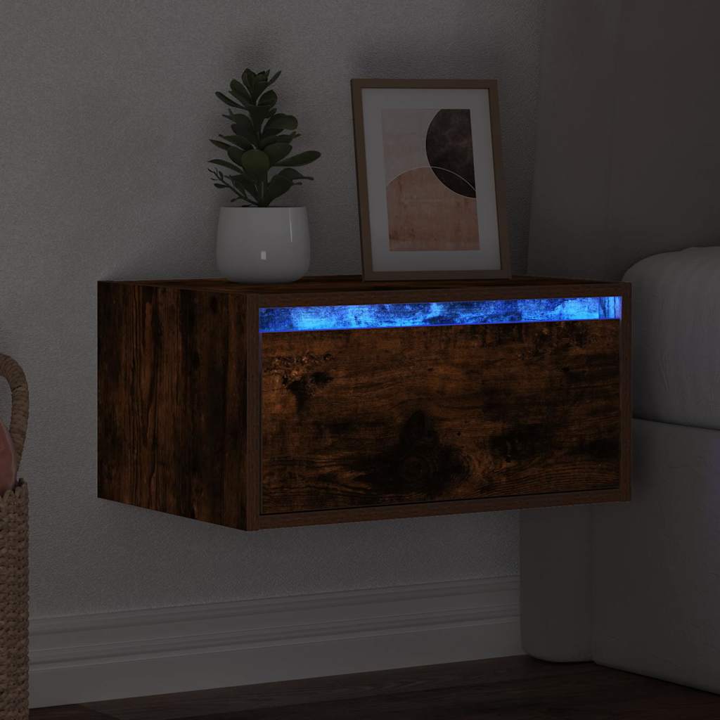 Table de chevet murale avec lumières LED chêne fumé Meubles TV vidaXL