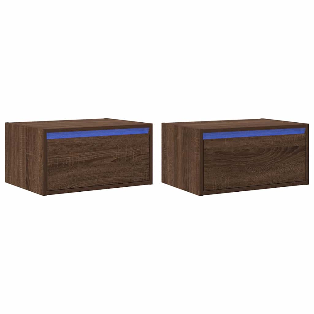 Tables de chevet murales avec lumières LED 2 pcs chêne marron Meubles TV vidaXL