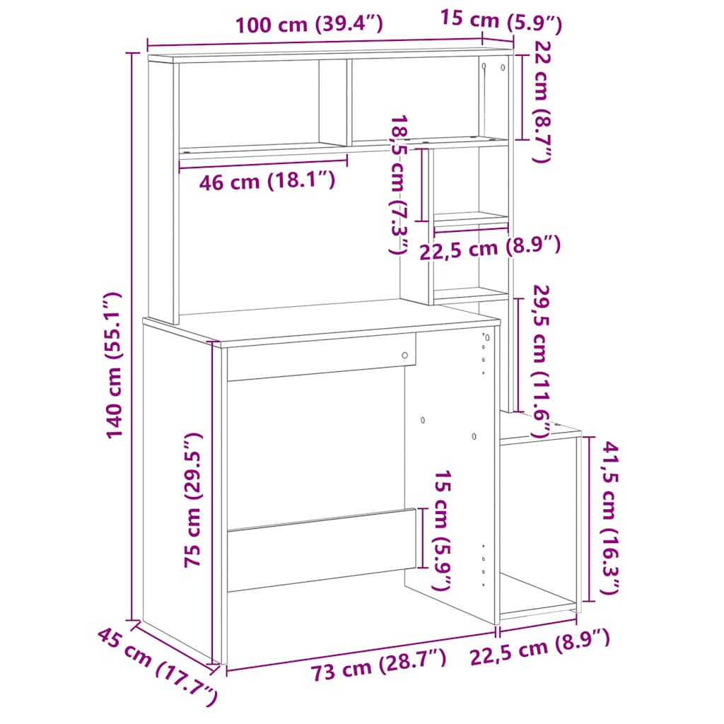 Bureau avec étagères gris béton 100x45x140 cm bois d'ingénierie Bureaux vidaXL   