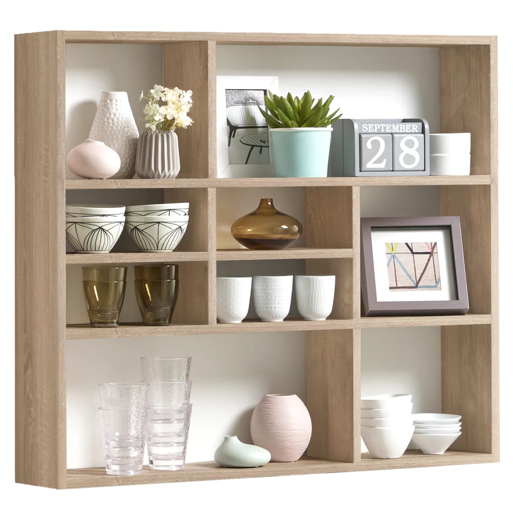 FMD Wall shelf with 9 oak compartments