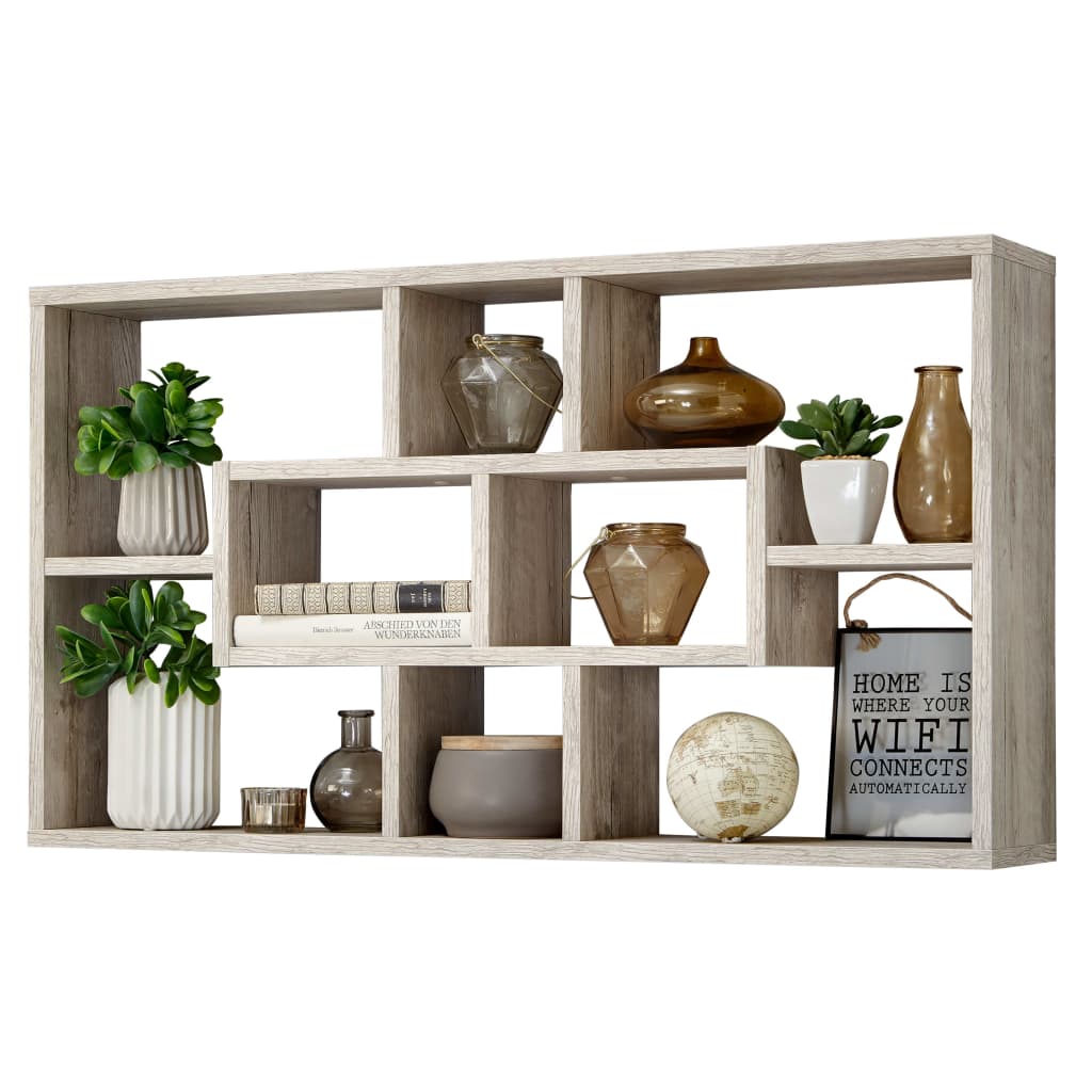 FMD rectangular wall shelf with 8 sand oak compartments