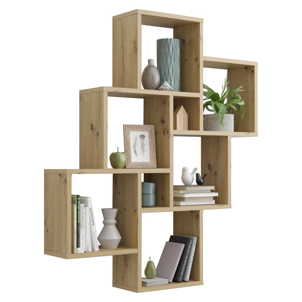 FMD Wall shelf with 8 artisanal oak compartments
