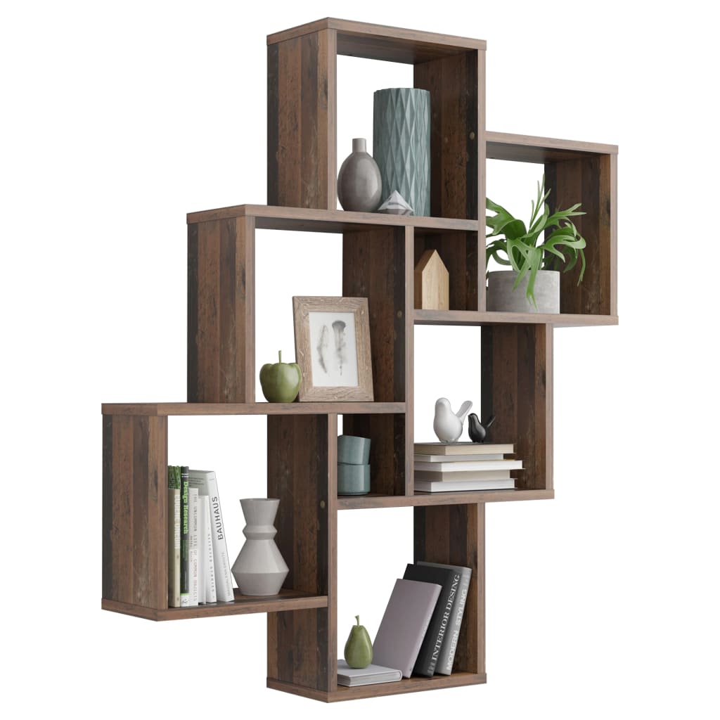 FMD Wall shelf with 8 dark style compartments