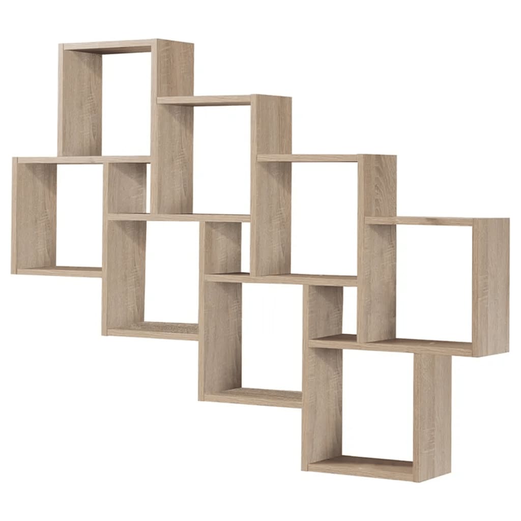 FMD Wall shelf with 11 oak compartments