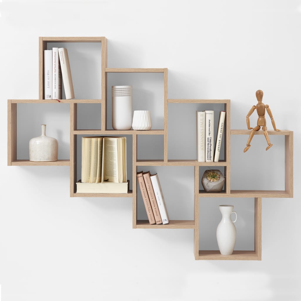 FMD Wall shelf with 11 oak compartments