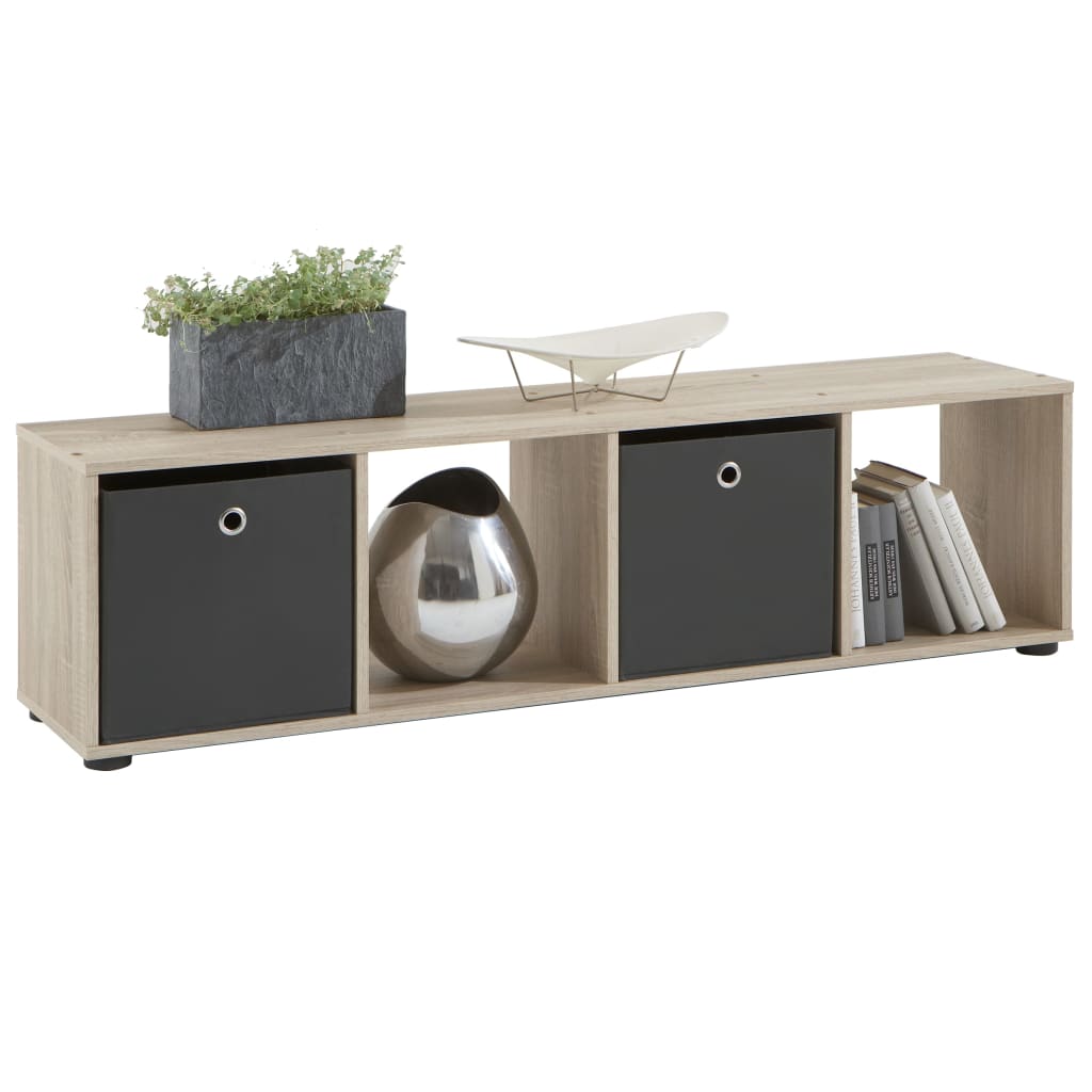 FMD standing shelf with 4 oak color compartments