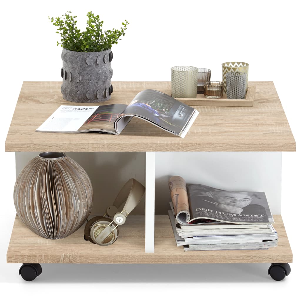 FMD Mobile coffee table 70x70x36 cm Oak and shiny white