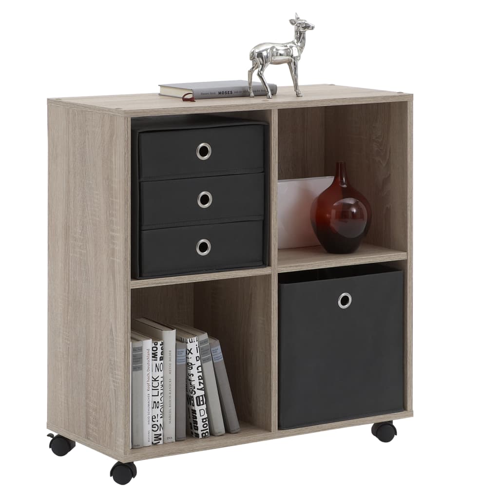 FMD shelf on swivel casters with 4 oak compartments