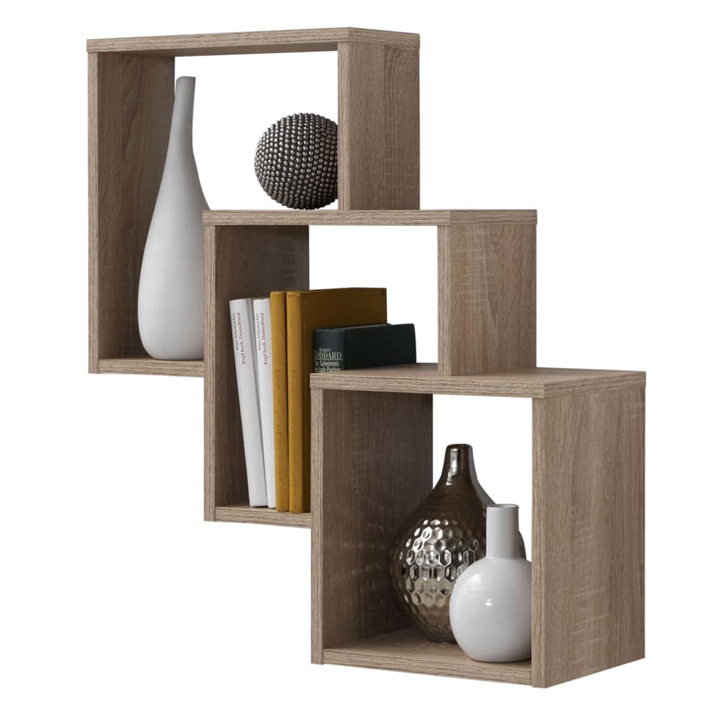 FMD Wall shelf with 3 oak color compartments