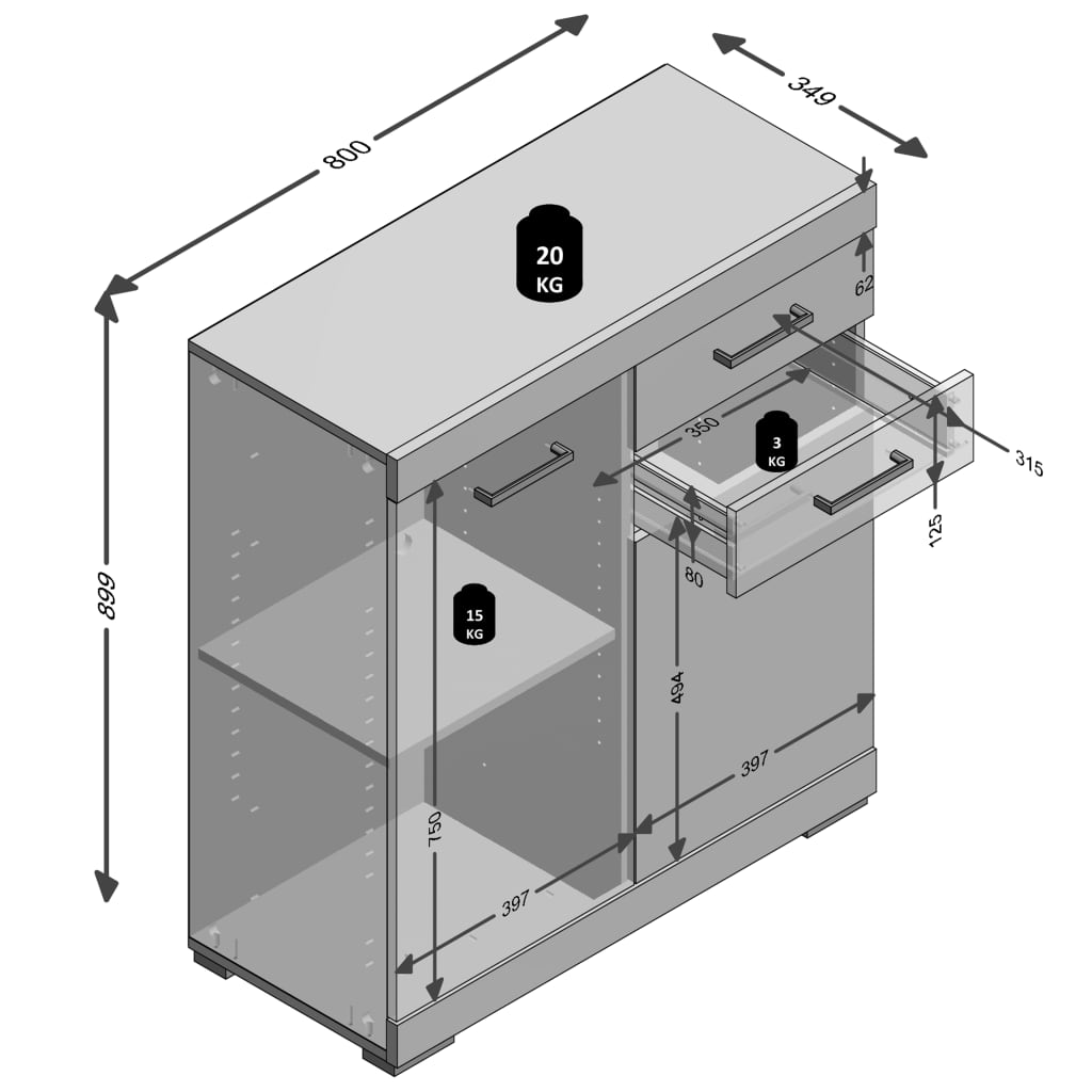 FMD -Kabinett mit 2 Türen und 2 Schubladen 80x34,9 x 89,9 cm Eiche