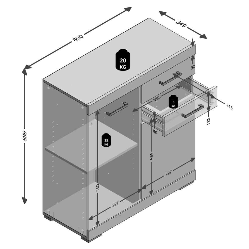 FMD -Schrank mit 2 Türen und 2 Schubladen 80x34,9 x 89,9 cm Beton und Weiß