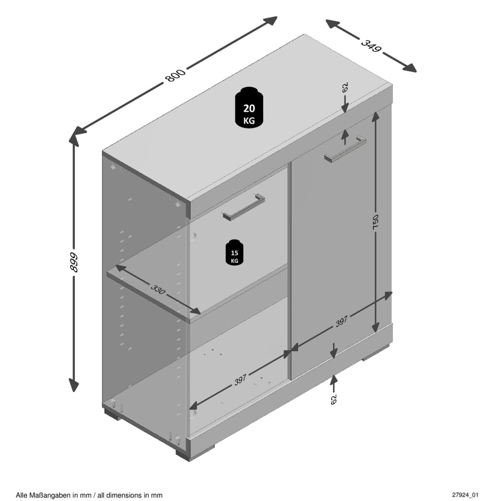 FMD bequem mit 2 Türen 80x34.9 x 89,9 cm Grau und Handwerk Eiche
