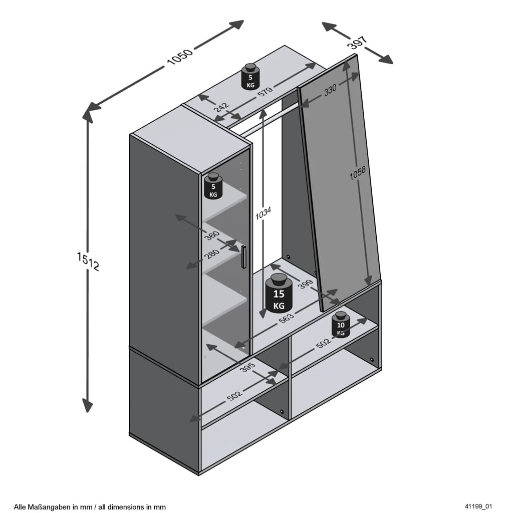 FMD -Schrank mit 4 Fächern und Spiegel 105x39.7x151,3 cm Weiß