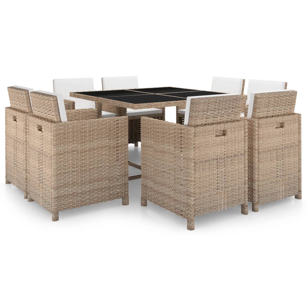 Mobili da giardino con cuscini 9 pz. Resina intrecciata beige