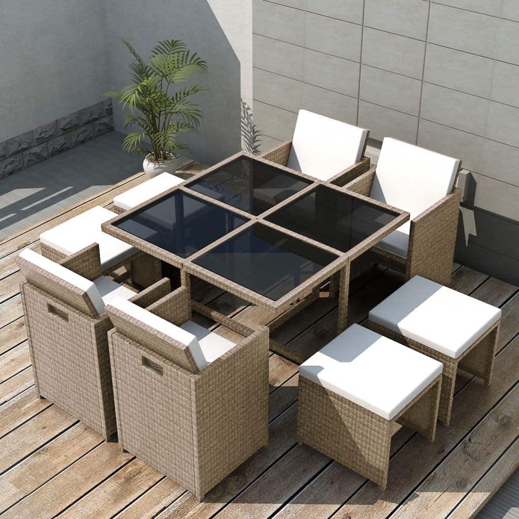 Mobile da giardino da incasso con 9 cuscini in rattan beige