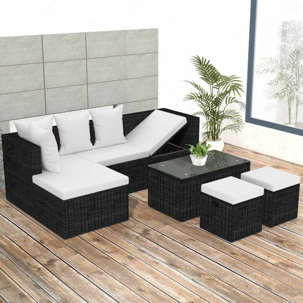 Salon de jardin 4 pcs avec coussins Résine tressée Noir