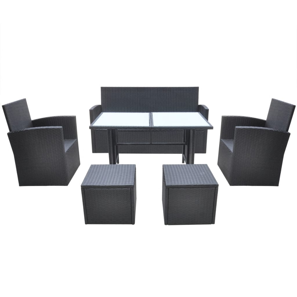 Mobilier à dîner de jardin 6pcs et coussins Résine tressée Noir