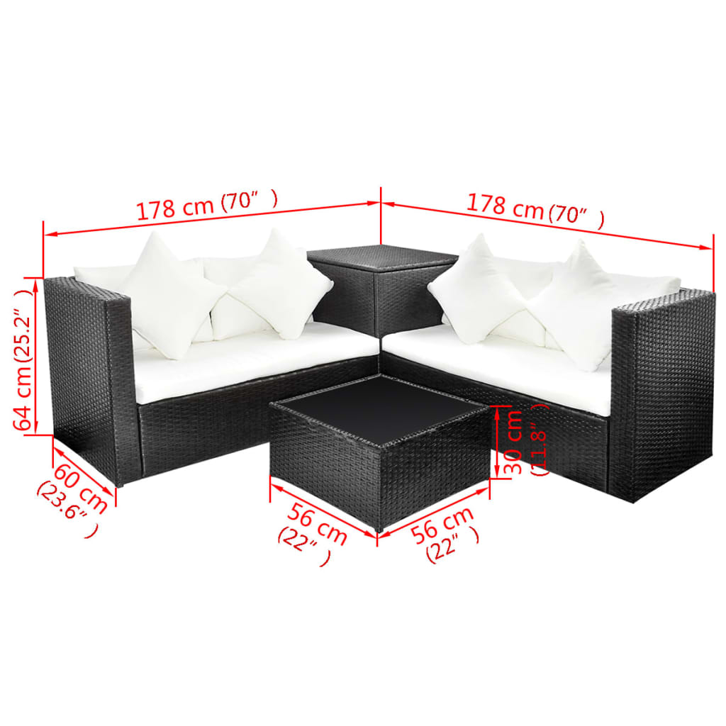 4 pcs garden furniture with black braided resin cushions