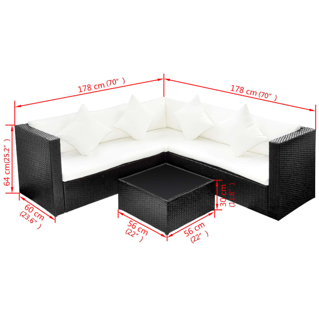 4 pcs garden furniture with black braided resin cushions