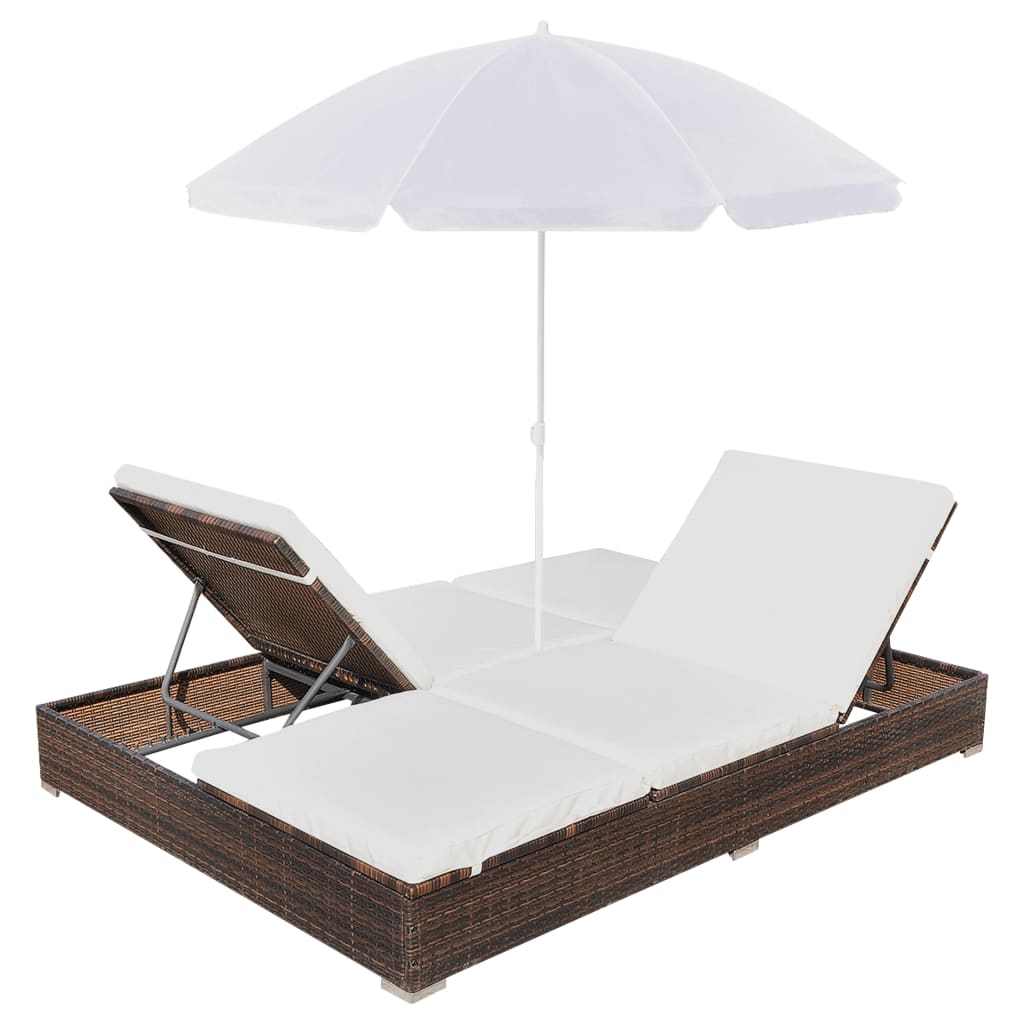 Outdoor long chair with brown braided resin parasol