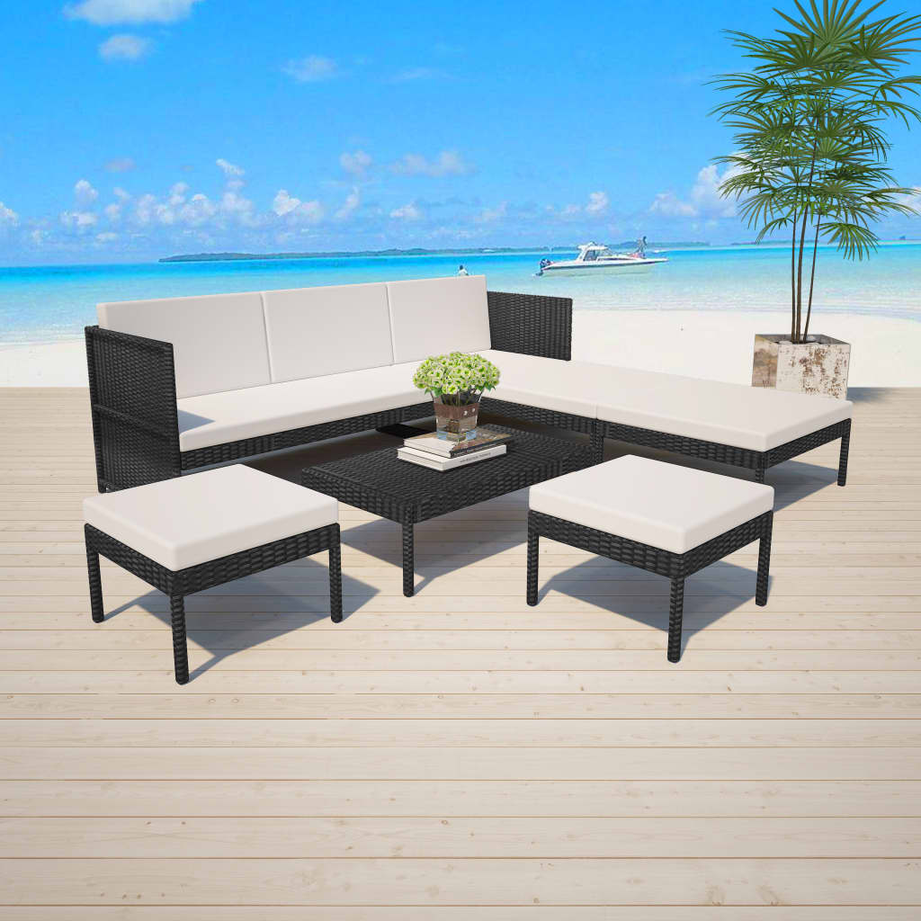 6 pcs garden furniture with black braided resin cushions