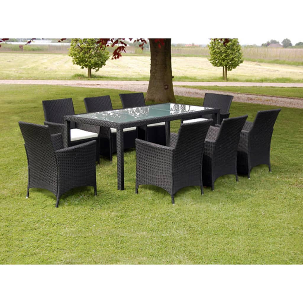 Mobilier à dîner de jardin 9pcs et coussins Résine tressée Noir