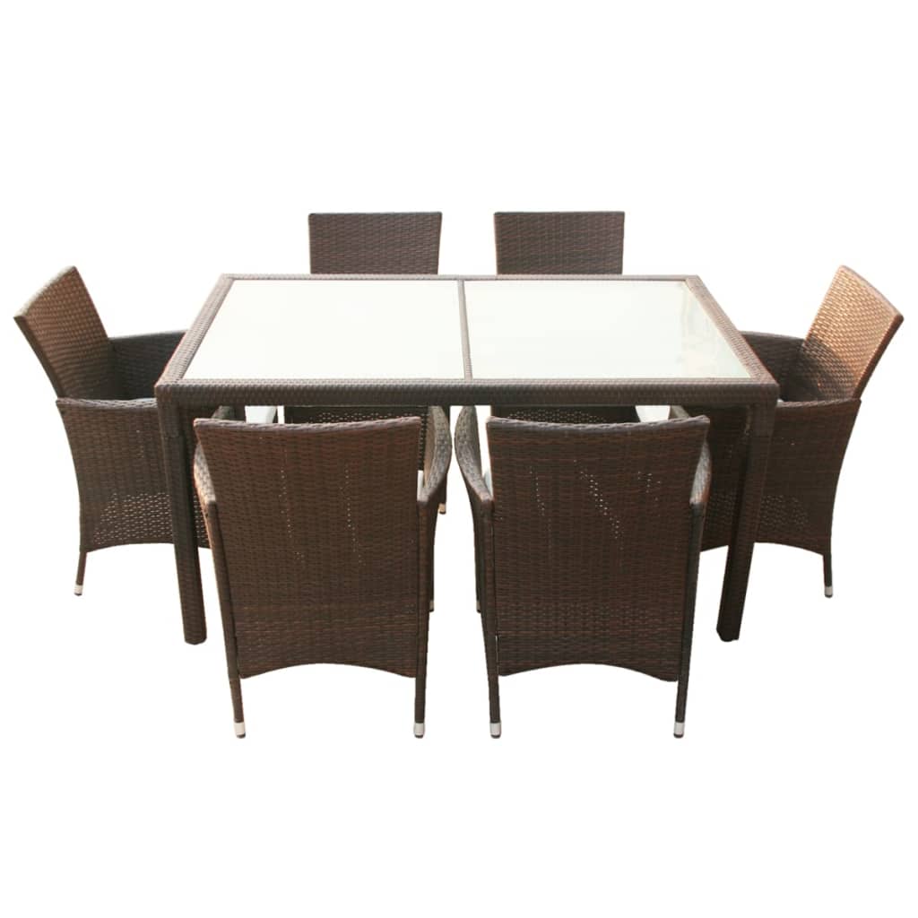 Mobilier à dîner jardin 7 pcs et coussins Résine tressée Marron