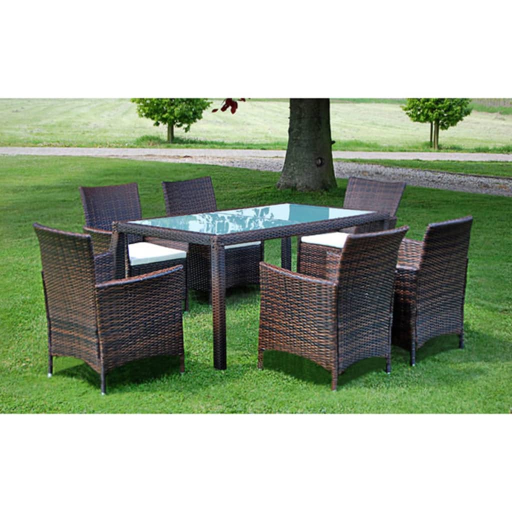 Mobilier à dîner jardin 7 pcs et coussins Résine tressée Marron