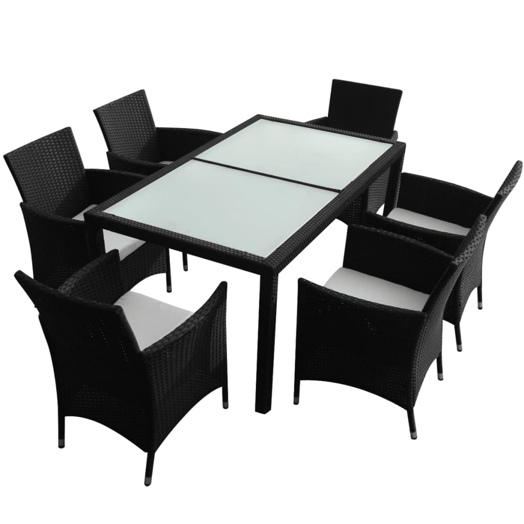 Mobilier à dîner jardin 7 pcs avec coussins Résine tressée Noir