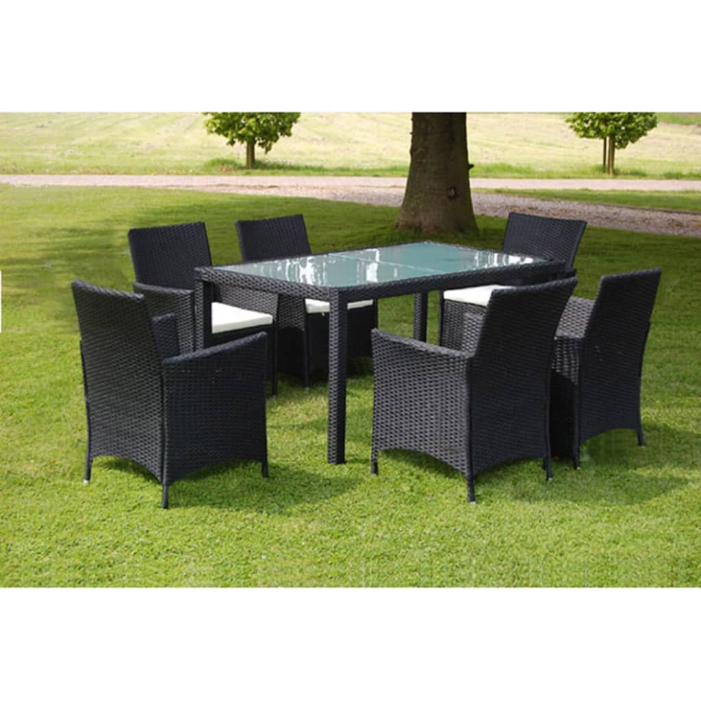 Mobilier à dîner jardin 7 pcs avec coussins Résine tressée Noir