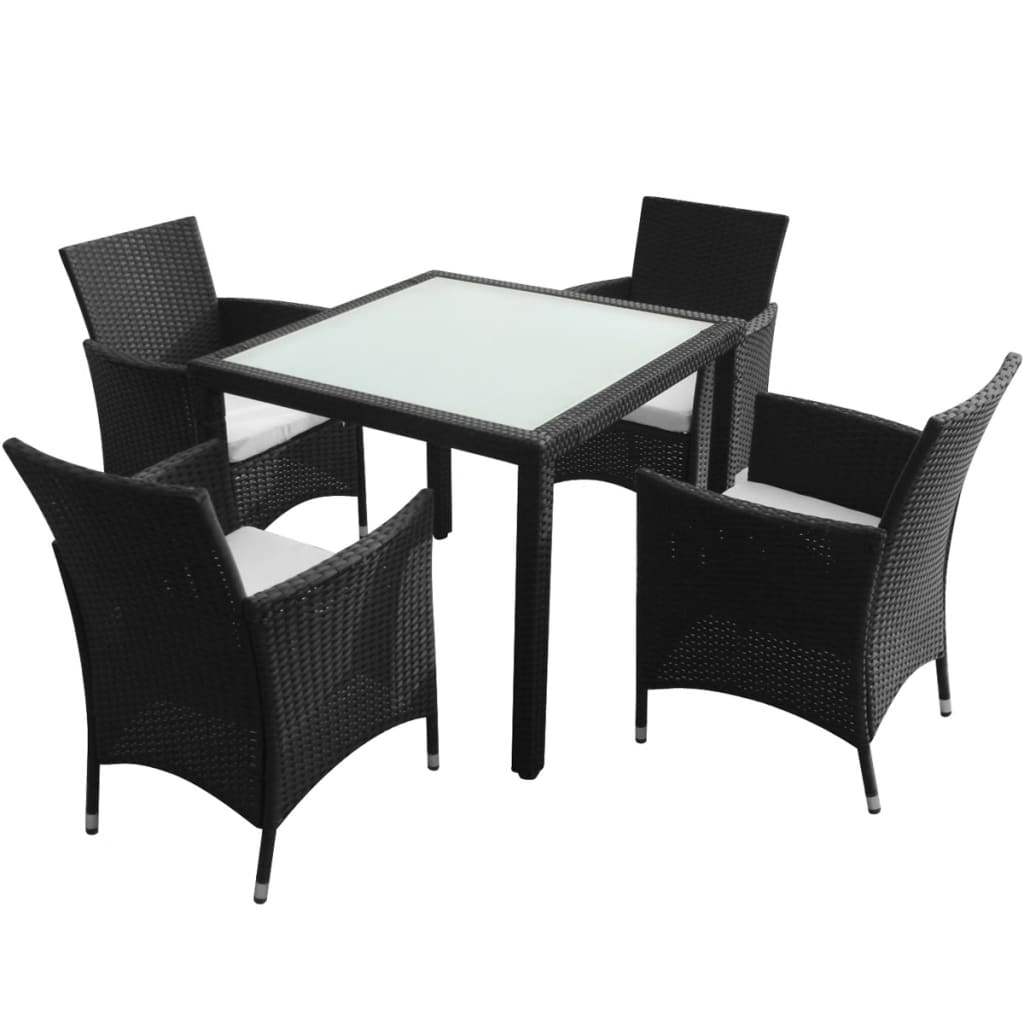 Mobilier à dîner jardin 5 pcs avec coussins Résine tressée Noir