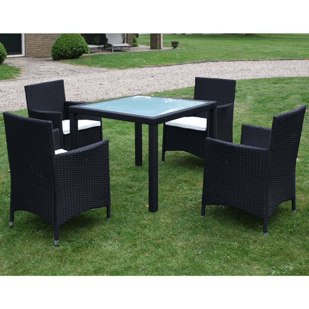 Mobilier à dîner jardin 5 pcs avec coussins Résine tressée Noir