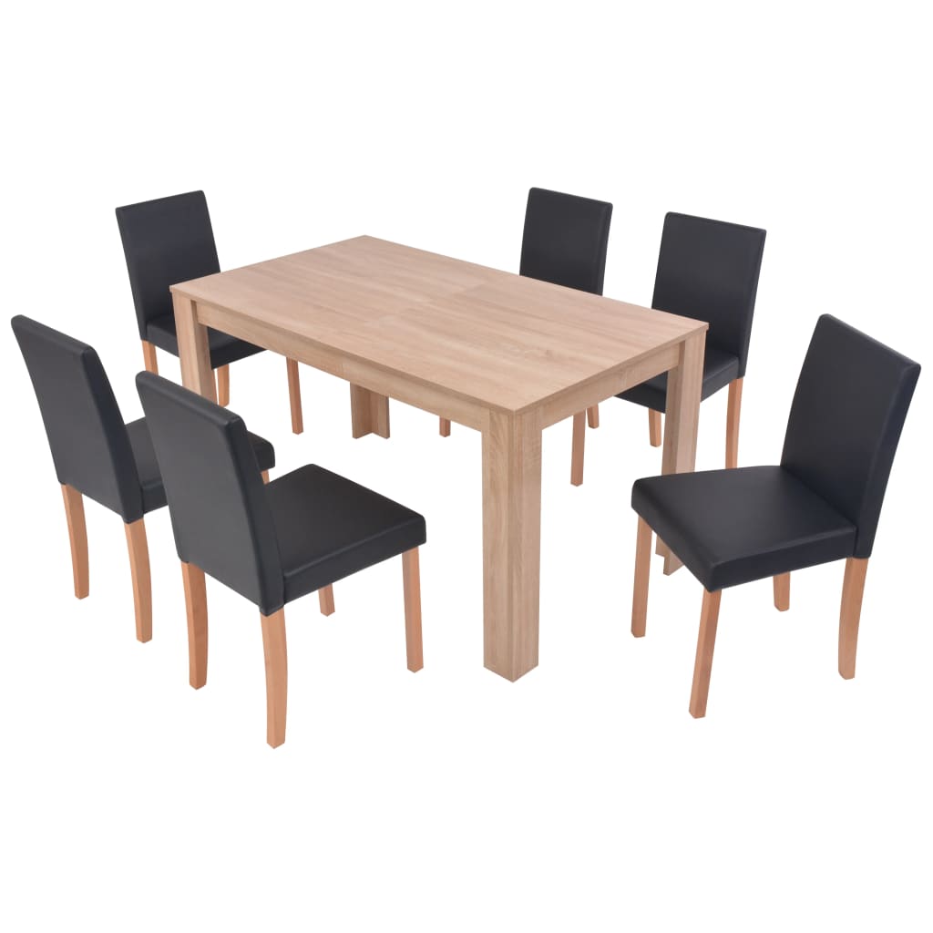 Table and chairs 7 pcs synthetic leather black oak