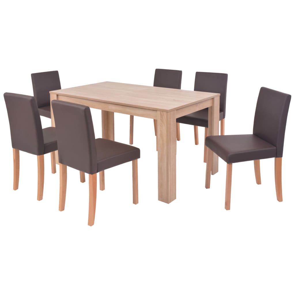 Table and chairs 7 pcs synthetic leather brown oak