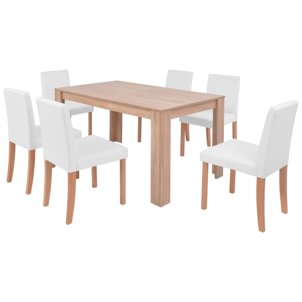 Table and chairs 7 pcs synthetic leather oak cream color