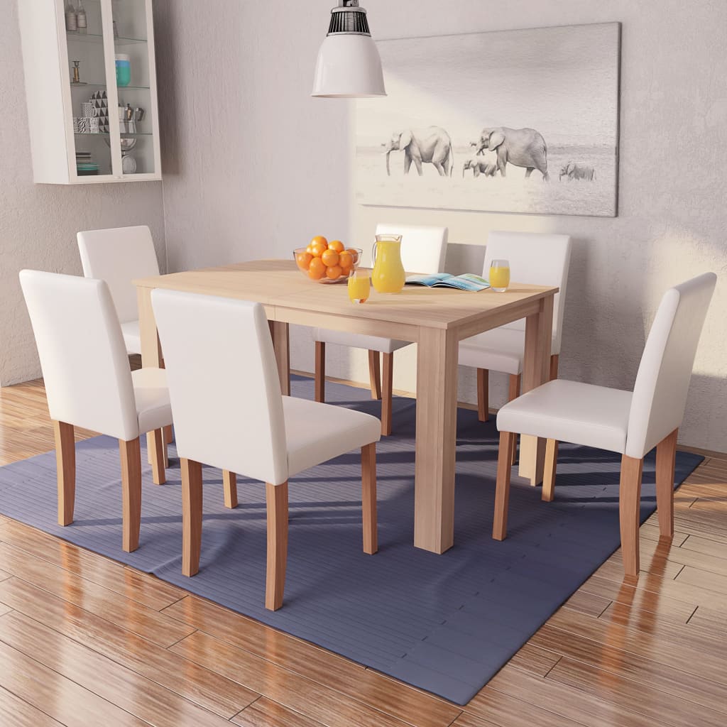 Table and chairs 7 pcs synthetic leather oak cream color