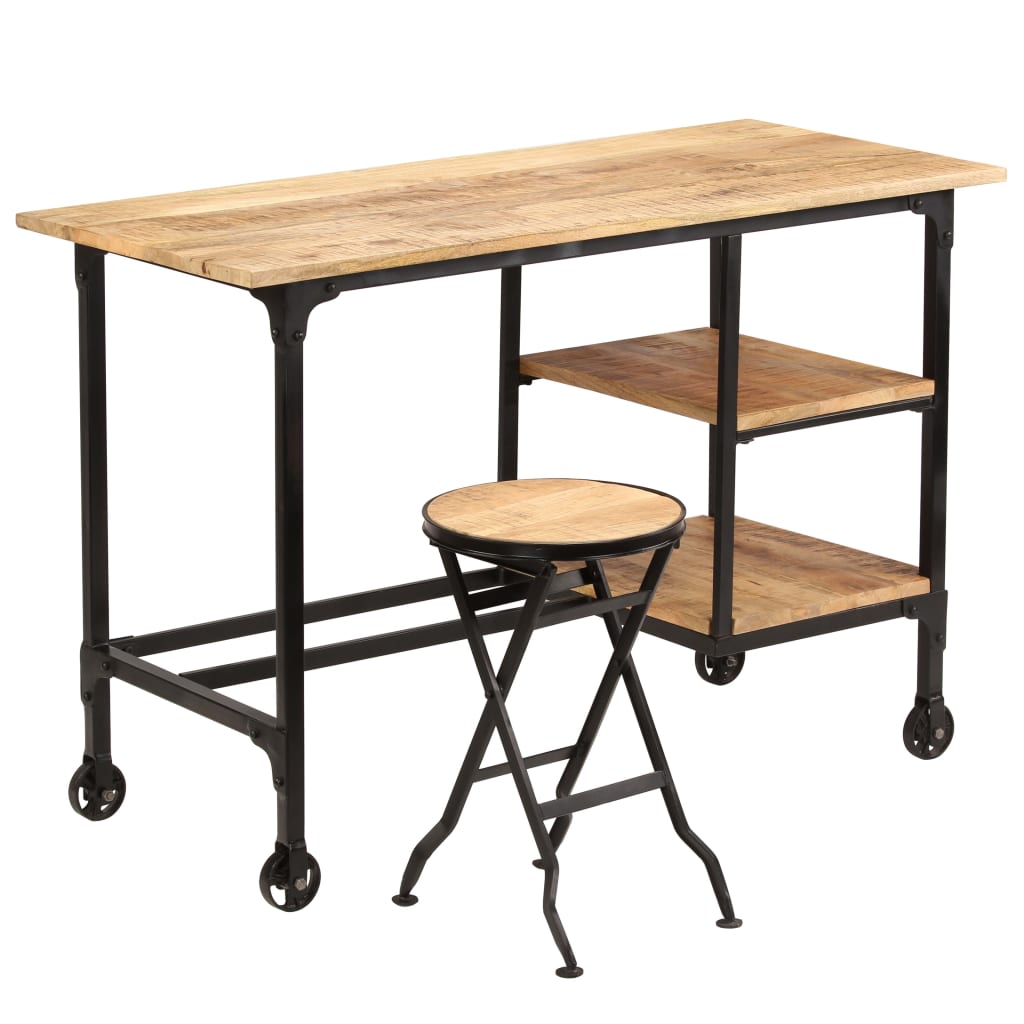 Desk with solid mango wood folding stool 115x50x76cm