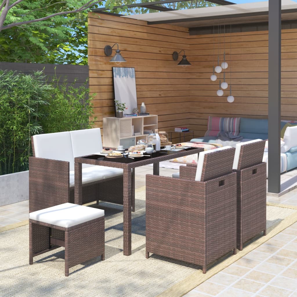 Meuble à dîner de jardin 6pcs et coussins Résine tressée Marron