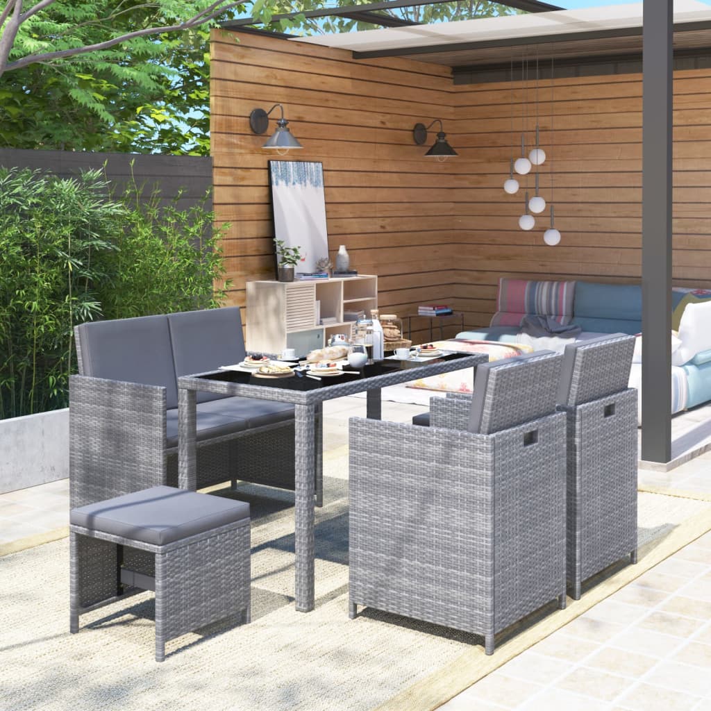 Meuble à dîner de jardin 6 pcs et coussins Résine tressée Gris