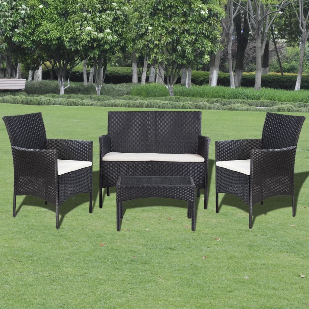 Salon de jardin 4 pcs avec coussins Résine tressée Noir