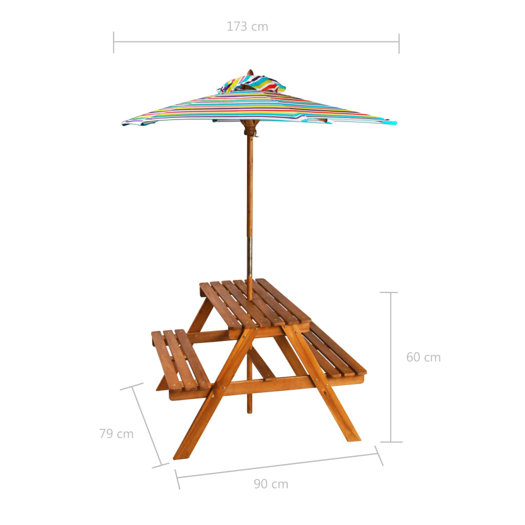 Tabella da picnic e parasole per bambini 79x90x60cm Acacia solido