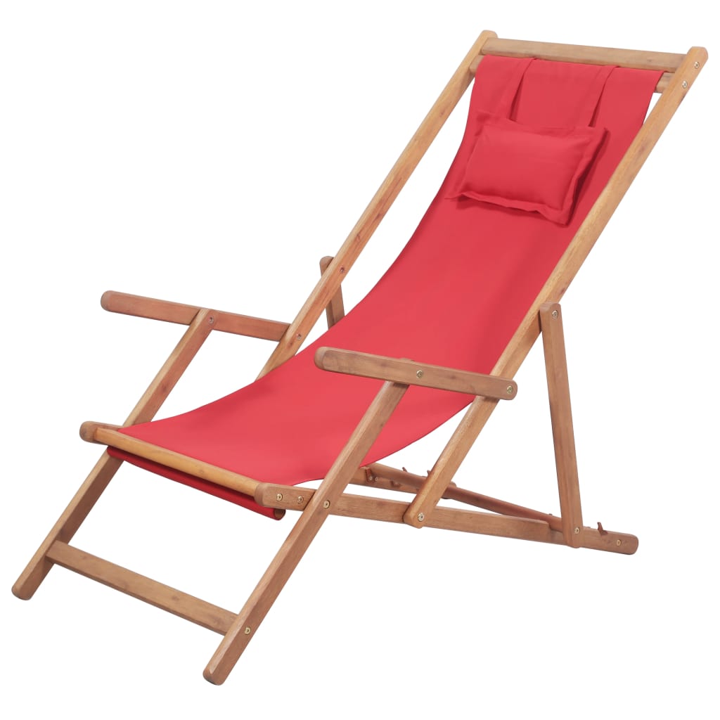 Foldable beach chair fabric and red wooden frame