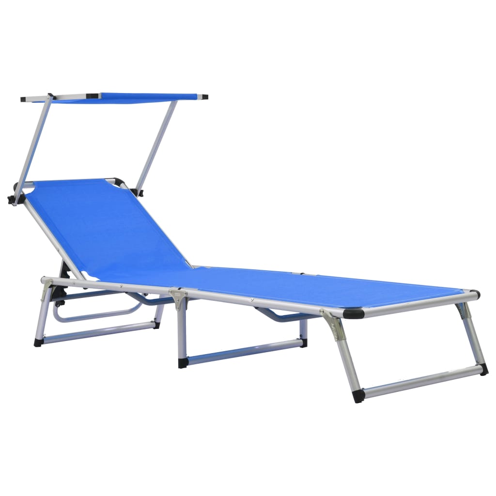 Foldable long chair with aluminum and blue textilene roof